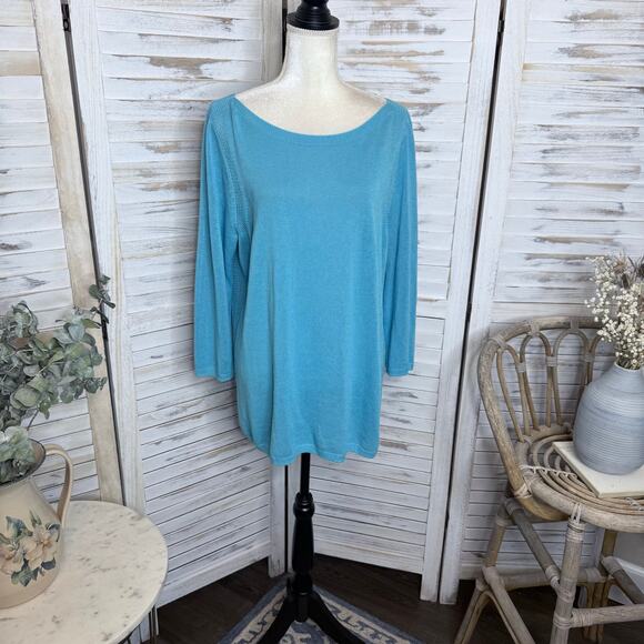 TALBOTS NWT Women's Large Oversized Lightweight Eyelet Knit Linen Sweater Blue - Picture 3 of 13